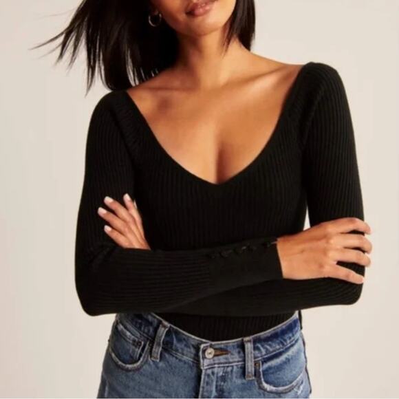 Abercrombie & Fitch Black Ribbed Textured Long Sleeve Sweater Bodysuit Size L - Picture 1 of 7